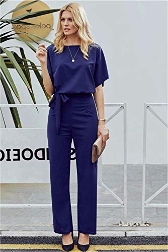 Happy Sailed Women Casual Loose Short Sleeve Belted Wide Leg Pant Romper Jumpsuits Large Navy Blue #TOP3