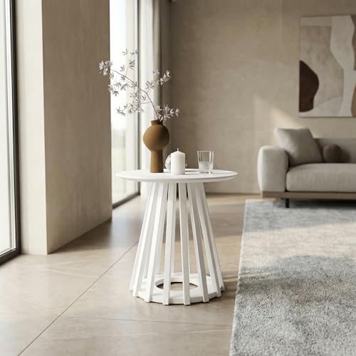 Image of HNY Round Fluted End Table, 19.7 inch Modern White Side Table, Mid Century Wood Circle Bedside Tables Drink Table Nightstand for Bedroom, Living Room, Small Space