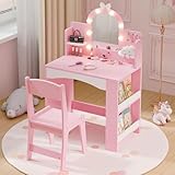 MU Kids Vanity with Lights, Princess Makeup Vanity Table and Chair Set for Girls, Toddler Vanity Desk with Open Bookshelf, Storage Cabinet & Shelves, Stools, Pink