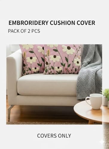 Image of CASA-NEST Linen Embroidery Cushion Cover, Size -16x16 inch, Pack of 2 pc, Decorative Sofa Cushion (Pink, 2)