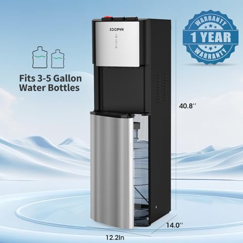 Image of Self Cleaning Bottom Load Water Cooler Dispenser for 3-5 Gallon Bottles Empty Bottle Alert 3 Temperature Settings Stainless Steel