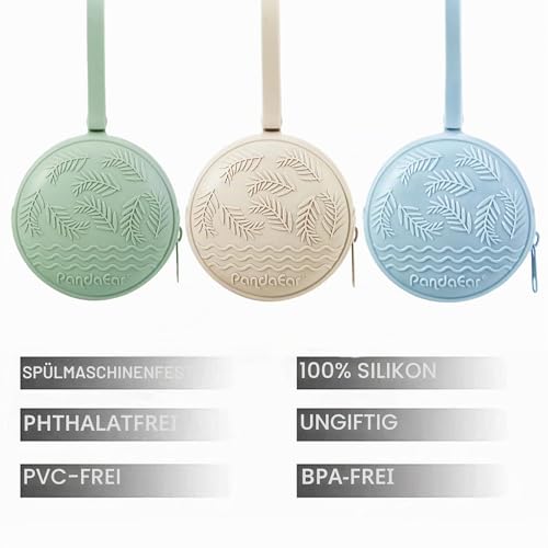 PandaEar 3 Stück Silikon Schnullerhalter Schnullerboxen | Reise Baby Schnuller Aufbewahrungsbox | Universelle Schnullerha Schnullertasche für unterwegs| BPA-frei (Grün Blau Creme)