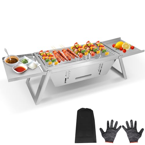 Seahelms Griglia portatile a carbonella pieghevole, piccola griglia per barbecue, leggera, in acciaio inox, con borsa per il trasporto, per esterni, campeggio, cucina, picnic, patio, viaggi, 43 x 22,8