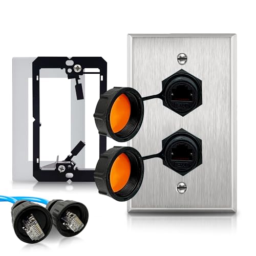 Outdoor Ethernet Wall Plate with Double Waterproof RJ45 CAT6 Jack - Stainless Steel Ethernet Wall Outlet with IP68 Coupler, Cable Gland, and Mounting Bracket