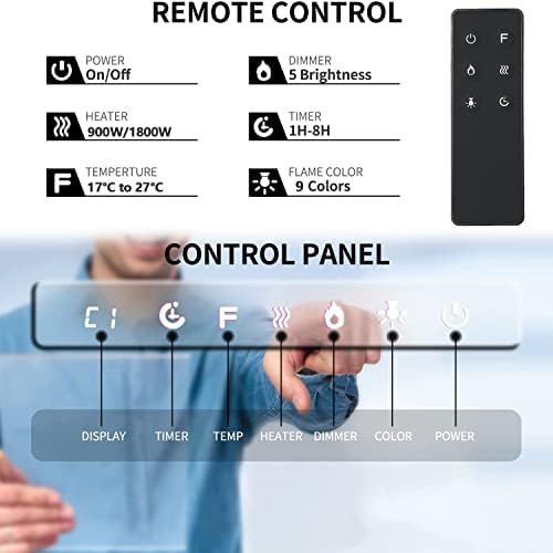 M.C.Haus Electric Fireplace Touch Screen Glass Panel Colorful Flame Insert Wall Mounted Heater Remote Control with Crystal&Log Set,900/1800W (127CM, Black)