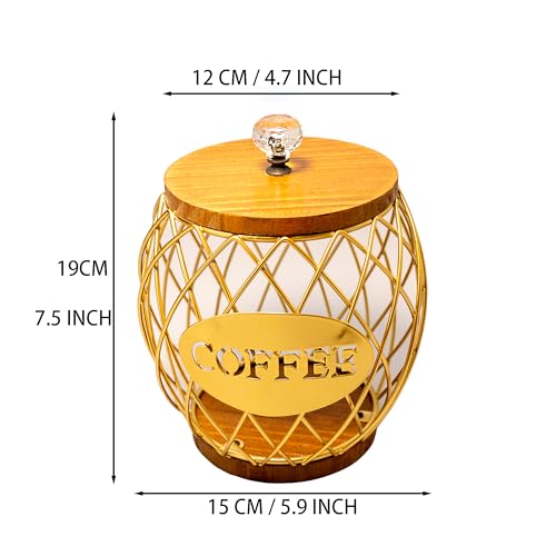 COAEXMAZ Coffee Pod Holder Compatible with 60 Nespresso Original Line Pods for Coffee Station Corner Organizer K-Cup Vertuo Capsules Wire Metal Basket With Wooden Lid Crystal Handle Golden Color by COAEXMAZ - Image 2