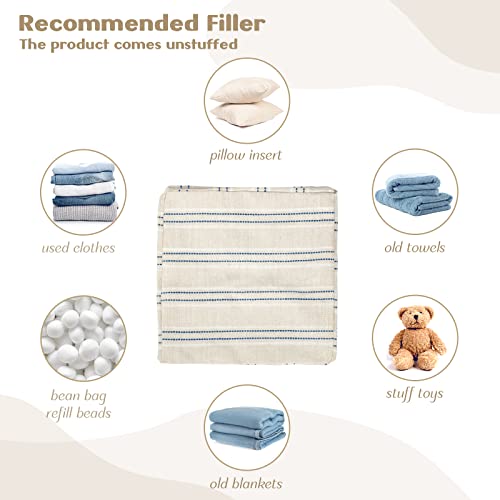 AELS Unstuffed Farmhouse Pouf Cover for Living Room, Boho Storage Bean Bag Cubes, Beige with Navy Blue Stitch Yarn Dyed Stripe Square Ottoman Pouf Foot Rest Footstool, 18"x18"x18", Cover ONLY