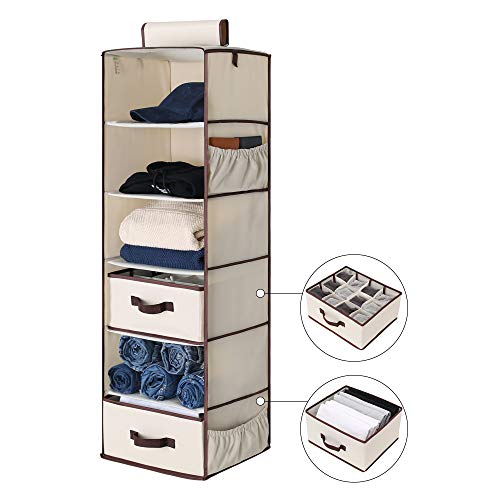 StorageWorks 6-Shelf Hanging Closet Organizer Foldable Hanging Dresser with 1 Drawer 1 UnderwearSocks Drawer 425H x 136W x 122D