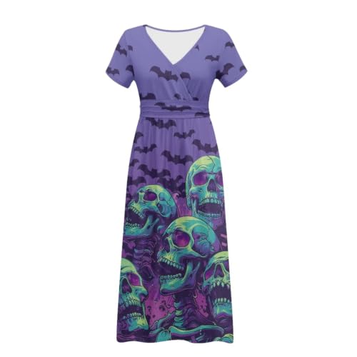 Image of Women's Fall Summer Short Sleeve Ankle Length V-Neck Party Dress with Pockets Size S-3XL