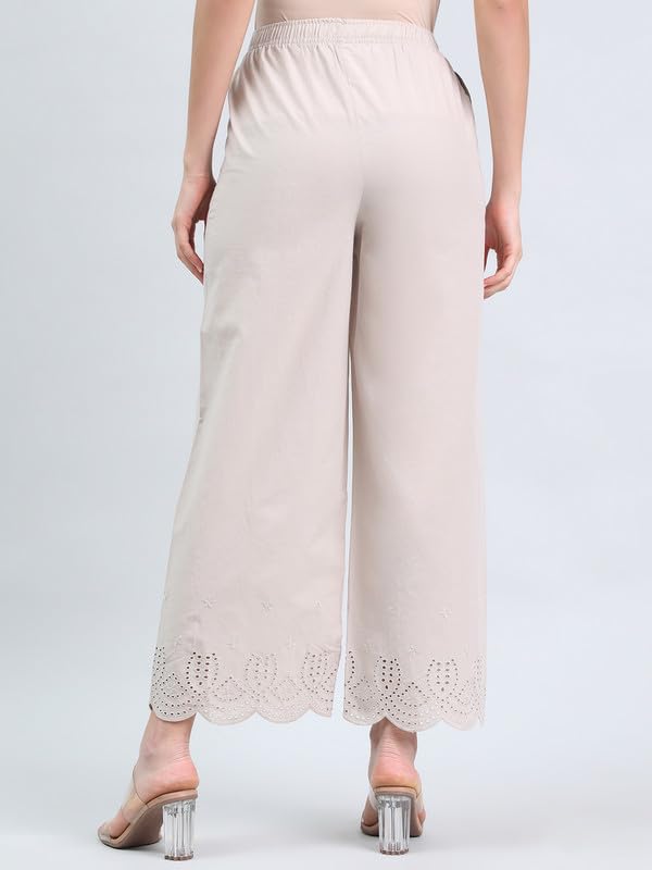 Image of GO COLORS Women's Cotton Hakoba Palazzo | Ankle Length, Schiffli Embroidery, Relaxed Fit, Mid-Rise with Side Pocket
