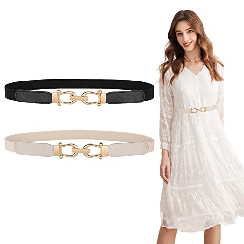 Women Skinny Elastic Belt for Dresses,Thin Retro Stretch Waist Belt with Golden Buckle4