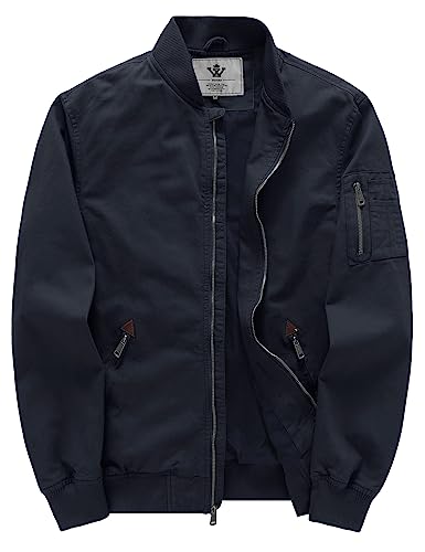 WenVen Men's Lightweight Cotton Bomber Jacket Casual Windbreaker (Navy, L)