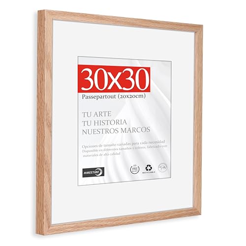 HIMEETIME® 1x Marco de Fotos - 30x30 cm Madera de Roble | Passepartout 20x20 - Marco 30x30cm Cuadrado Mediano con lámina de Plástico - Montaje en Pared