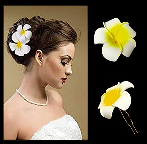 Image of Tia Crafts White Hawaii Plumeria Flower Hair Clips for Women & Girls | Artificial Bridal Bun Hair Pin for Wedding, Beach & Party (Set of 2 flowers)