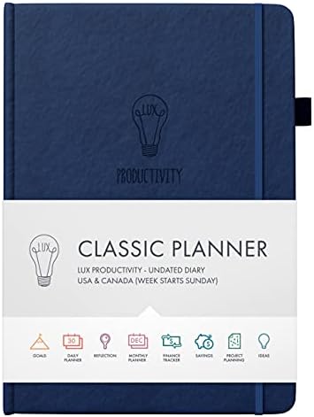 Daily Planner & appointment diary - Gratitude journal, wellness journal & 2023 Undated weekly planners and organisers - Desk journals for women & men - LUX Productivity Classic (SLATE BLUE)