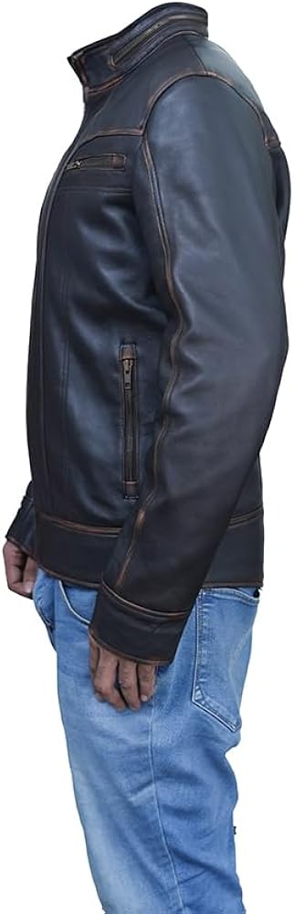 Mens Real Leather Biker- Motorcycle Distressed Black Genuine