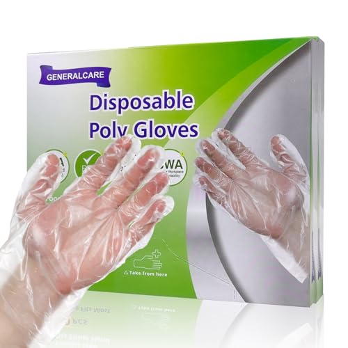 GENERALCARE 200 PCS Disposable Plastic Gloves, Food Grade Clear Gloves for Cooking, Food Handling, Cleaning & Kitchen Use - Textured Grip, One Size Fits All
