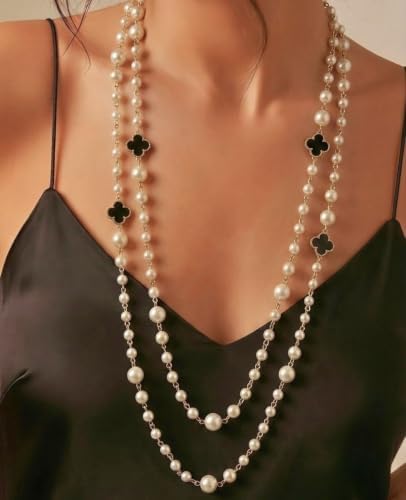 Long Pearl Necklace for Women Layered Lucky Black Clover Jewelry Gift - 1