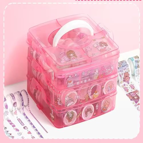 Image of Washi Tape Set - 100 Pcs Designer Decorative Masking Tapes with 20 Pcs Kawaii Stickers, Tweezer, Pen and Spatula in 3 Layer Box, Tapes for DIY Art & Crafts, Wrapping (Multicolor)