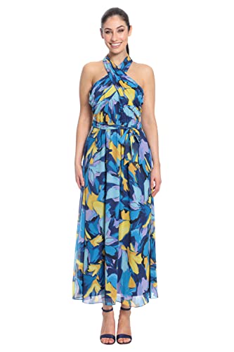 London Times Women's Twist Neck Halter Maxi Dress, Blue, 8