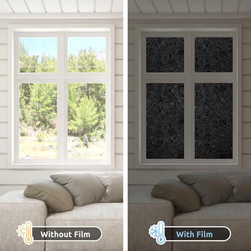 rabbitgoo Total Blackout Window Film Sun Blocking, Black Privacy Window Film Light Blocker, Stained Glass Thermal Cling Heat Control, Room Darkening Glass Sticker for Door Covering, 17.5" x 118.1"
