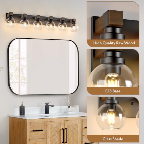 Image of LmnLvn Bathroom Light Fixtures, Farmhouse Wood & Metal with Globe Glass