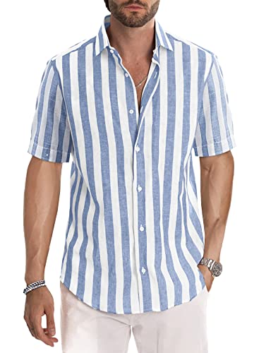 JMIERR Men s Casual Short Sleeve Button-Up Shirts Cotton Linen Texture Striped Business Dress Shirts Beach Shirt for Men,US 43(L),Sky Blue
