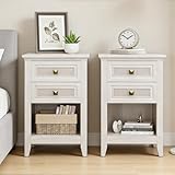 RoyalCraft Rattan Nightstand Set of 2, White Night Stand for Bedroom, Boho Bedside Table with 2 Drawers, Wood End Table for Small Space, Grayish White