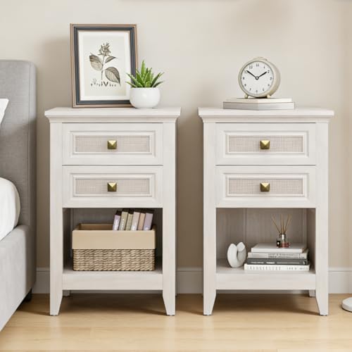 RoyalCraft Rattan Nightstand Set of 2, White Night Stand for Bedroom, Boho Bedside Table with 2 Drawers, Wood End Table for Small Space, Grayish White