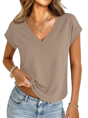 UNCLECAT Womens Crop Tops V Neck Short Sleeve T Shirts Summer Basic Tee