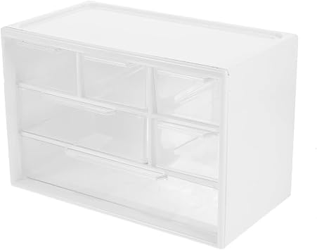 Small Drawer Organizer for Desk, 7.1" x 3. 8" x 4.6" Mini Desktop Drawer Organizer with 6 Clear Drawers, Plastic Desktop Craft Storage Box for Desk Office School Home White