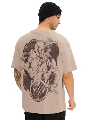 Image of The Souled Store Deadpool: Maximum Effort Men and Boys Short Sleeves Round Neck Green Graphic Printed Cotton Oversized T-Shirts