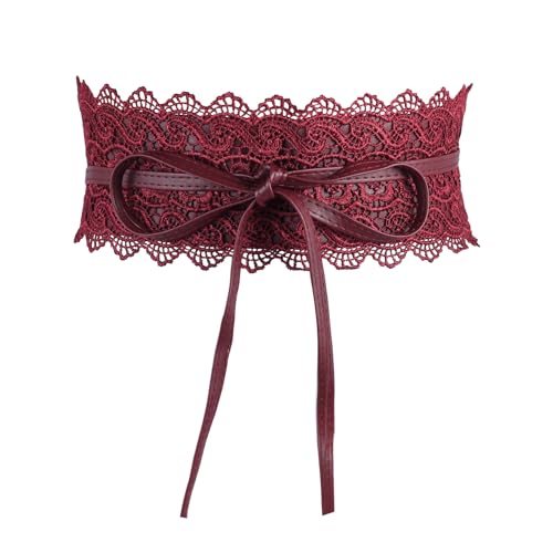 MILAKOO Lace with Leather Obi Belt Women Lace Waist Belt Bow Tie Wrap Bowknot Cinch Wide Belt for Dress