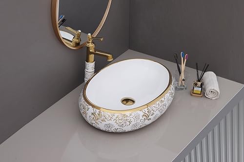 Image of LUXART Oval Ceramic Vessel Sink, White with Gold Floral Pattern Art Design, 24x16x6 Inch Tabletop Wash Basin for Bathroom, Vanity & Hotel (Glossy)