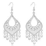 Teppdfann Silver Boho Chandelier Earrings – Intricate Silver Bohemian Earrings with Filigree and Tassel Earrings for Women Trendy