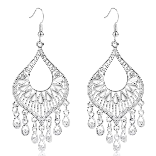 Teppdfann Silver Boho Chandelier Earrings with Tassels