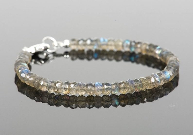 Labradorite Bracelet rondelle faceted 7inch Sterling Silver Stacking Beaded Bracelet, Simple Layering, Dainty Gemstone Bracelet, Fine Jewelry, Minimalist,