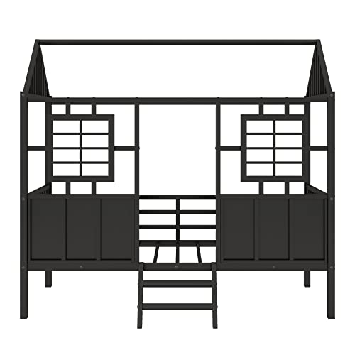 Twin Size House Loft Beds Metal Low Loft Bed Frame Kids Playhouse Loft Bed With Fence Railings Black Cabin Beds For Girls Boys Teens, No Box Spring Needed #TOP3