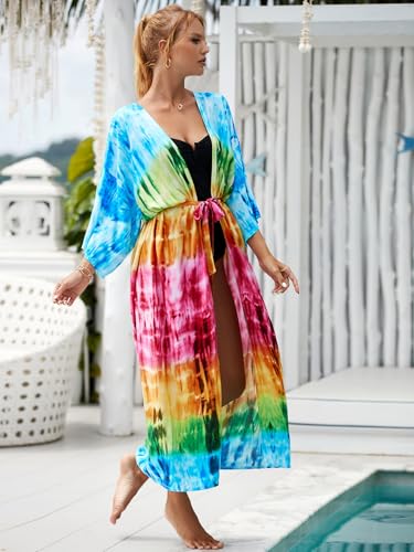 Image of Women's Kimono Cover Up Long Beach Dress Swimsuit Cover Ups Colorful Cardigan Lightweight Robe for Swimwear