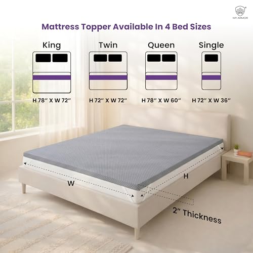 Image of MY ARMOR 2 Inch Memory Foam Mattress Topper, Soft Mattress Padding for Bed with Zipper Cover, Grey, Twin Size, 72 inchx72 inch (6 ft x 6 ft)