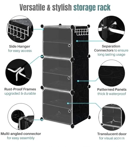 Image of KRISHYAM Plastic Shoe Rack Cabinet | Waterproof & Dustproof Shoe Organizer | 6-Tier Multipurpose Shoe Storage Rack | Space-Saving Shoe Stand for Home, Entryway & Bedroom [Black, 3-Door-6-Shelf]