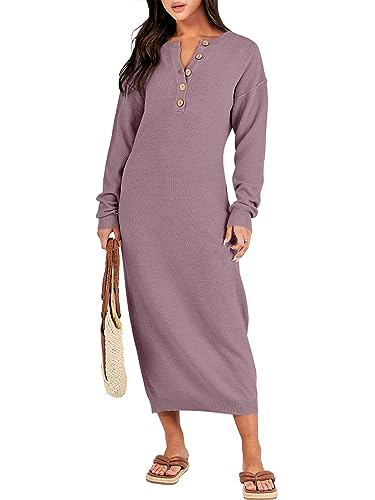 Image of ANRABESS Women Long Sleeve Button V Neck Oversized Casual Loose Fit Waffle Knit Fall Midi Sweater Dress 2026 Trendy Outfits