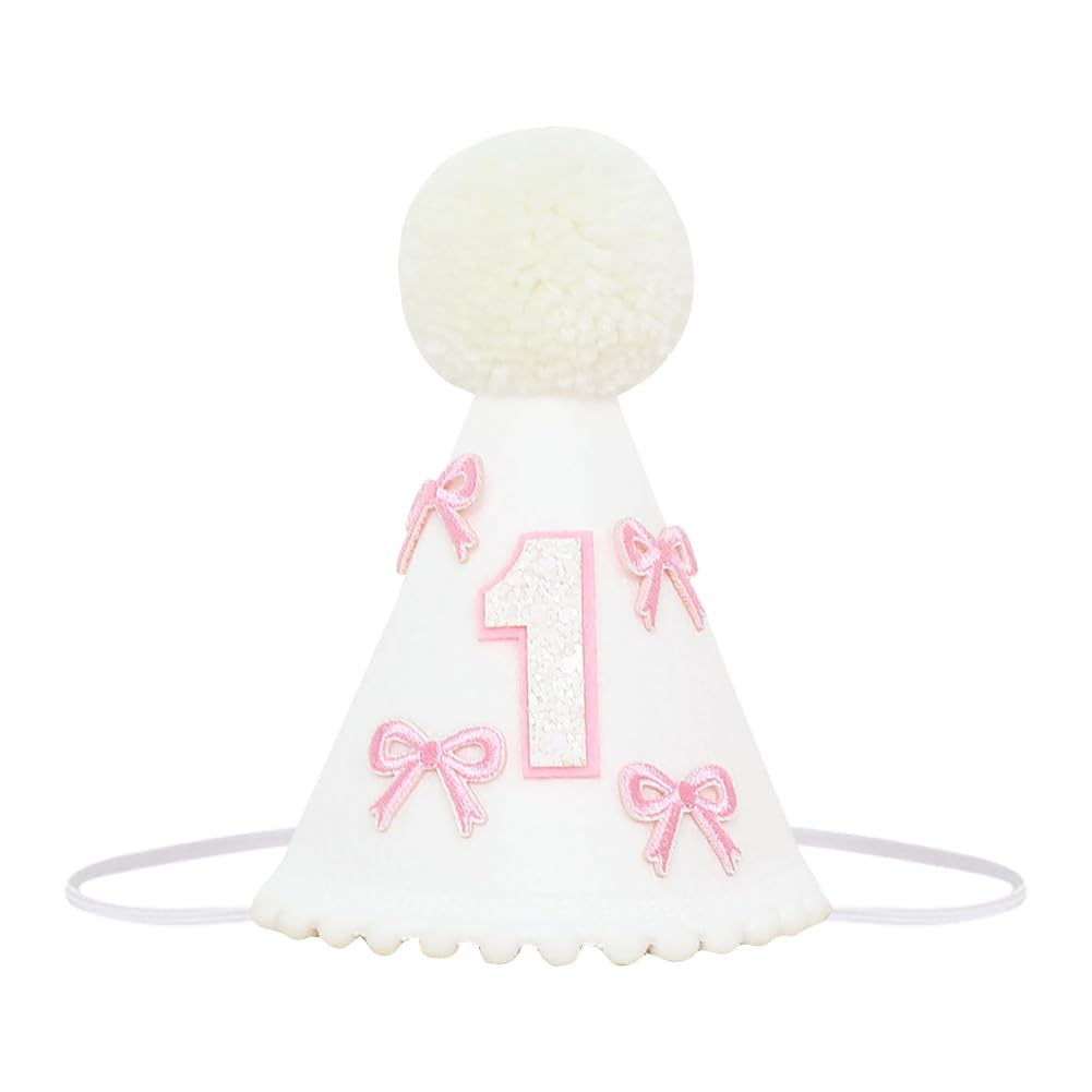 JIHUOO Pink Bow First Birthday Hat Baby Girl Birthday Cone Hat Birthday Party Pom Pom Hat 1st Birthday Costume Headwear Birthday Celebration Headpiece Baby Birthday Photo Props