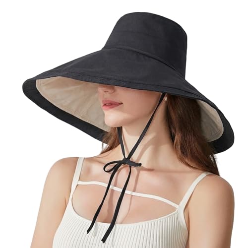 Women Summer Sun Hat Wide Brim UV Protection Foldable Reversible Double-Sided Outdoor Beach Bucket Hat UPF 80+ (One Size,Black)