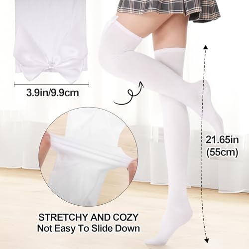 Image of Women's Thigh High Socks, White Thigh High Stockings, White Stockings, Anti Slip Women's Knee High Socks with Satin Bows