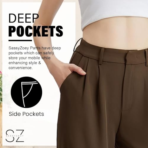 Wide Leg Pants for Women | High Waisted Trousers with Pockets | Comfortable Work Pants | Business Casual Pants | Women's Pants and Sizes Brown2