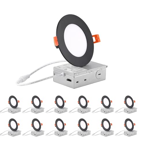 Image of ZYC 4-Inch LED Recessed Lighting - 9W Ultra-Thin LED Ceiling Lights,2700-5000K Selectable,5CCT Dimmable Canless Wafer Downlight,800LM High Brightness,Dimmable Can Lights,Pack of 12 Black.