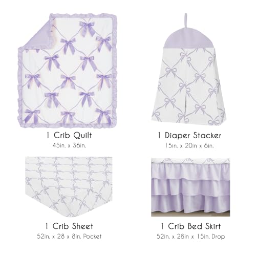 Image of Sweet Jojo Designs 4-Piece Baby Crib Bedding Set (Purple Bows) for Girls, Infants /Nursery incl. Blanket, Fitted Sheet, Skirt, Diaper Stacker (Princess Lavender Bow Vintage Coquette Aesthetic, Elegant)