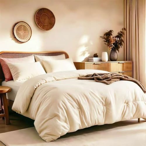 Image of Twin Comforter Set Prewashed Lightweight Quilted Bedding for All Season | 2PCS Cream Breathable Down Alternative Bedding Set with 1 Solid Comforter (68 inchx90 inch) and 1 Soft Pillowcases (20 inchx26 inch)