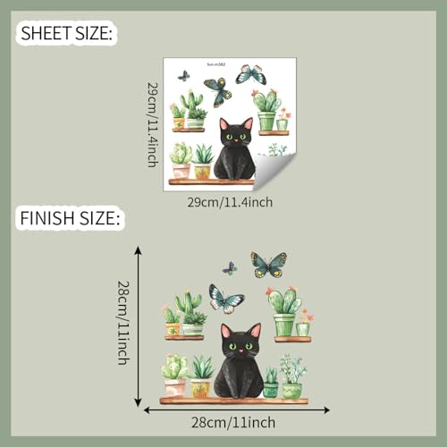 Vinilo Decorativo Gato Negro con Cactus y Mariposas miniatura 2